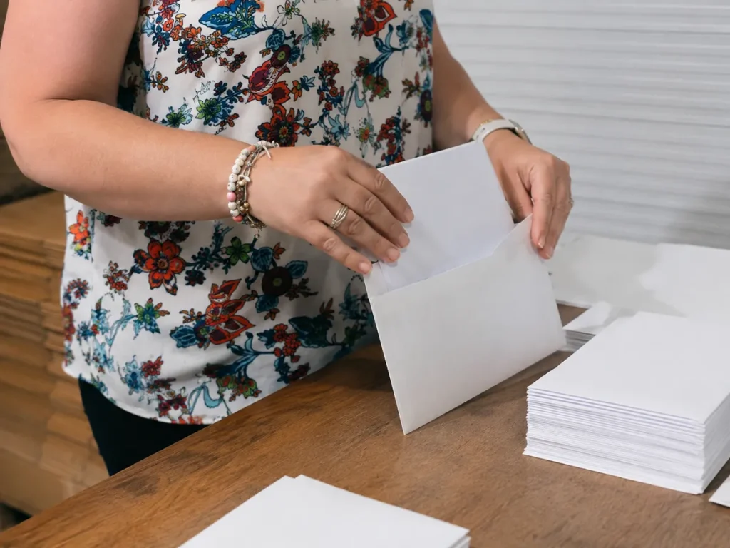 Des mains de femme mette des pli dans une enveloppe pour les élections.